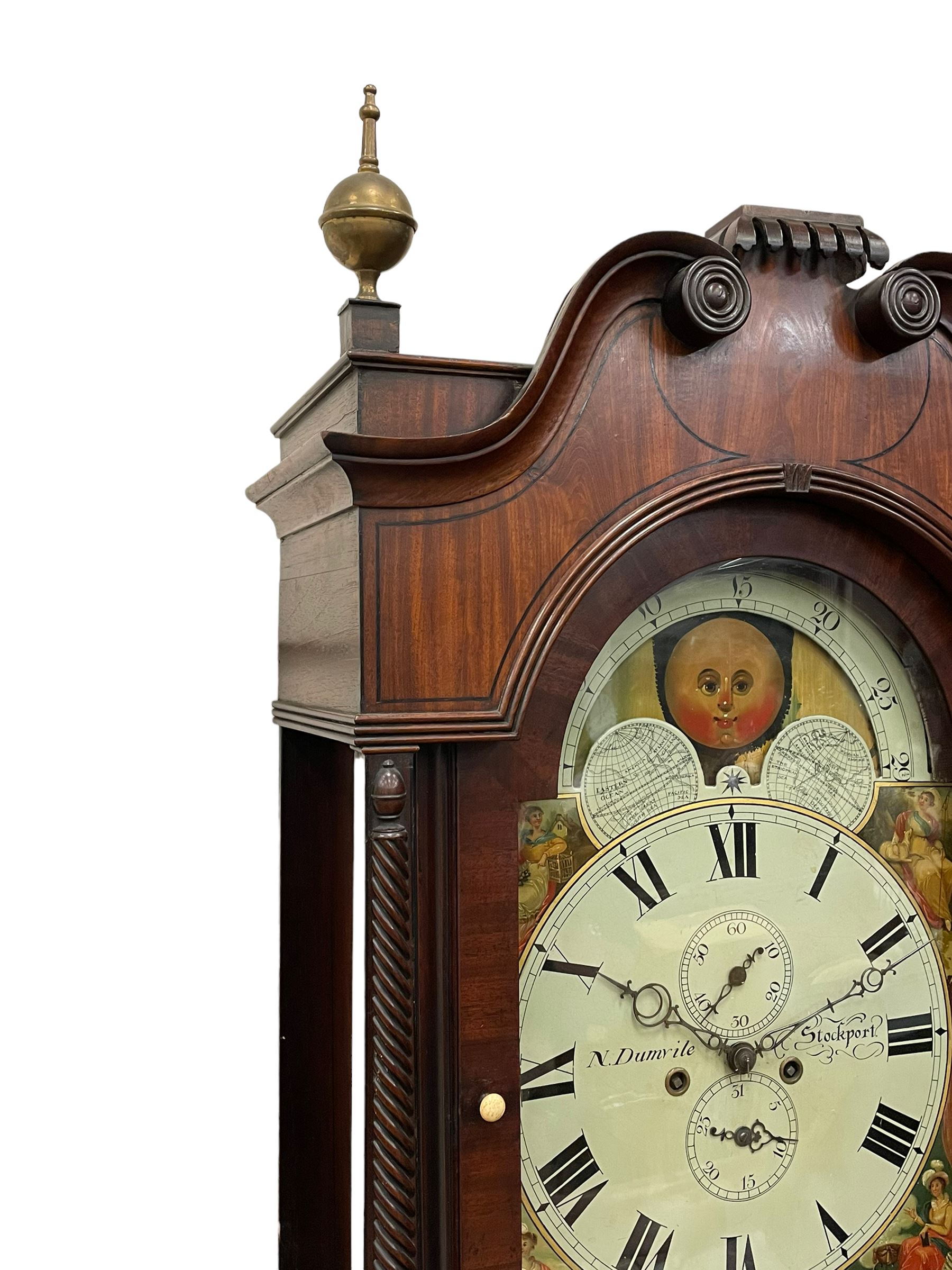 Nathaniel Dumville of Stockport - 8-day brass inlaid mahogany longcase clock c1840, swans neck pediment with ball and spire finials and wooden paterae, recessed break arch hood door flanked by rope twist pilasters, trunk with conforming pilasters and gothic ogee topped door, canted plinth raised on bracket feet, fully painted break arch dial with moon work and spandrels depicting the four seasons, centre with Roman numerals, minute track, subsidiary date and seconds dials, matching stamped brass hands, four pillar movement with an anchor escapement, rack striking on a bell. With weights and pendulum.
The Dumville family were prevalent Cheshire clockmakers working in Stockport 1820-42.
