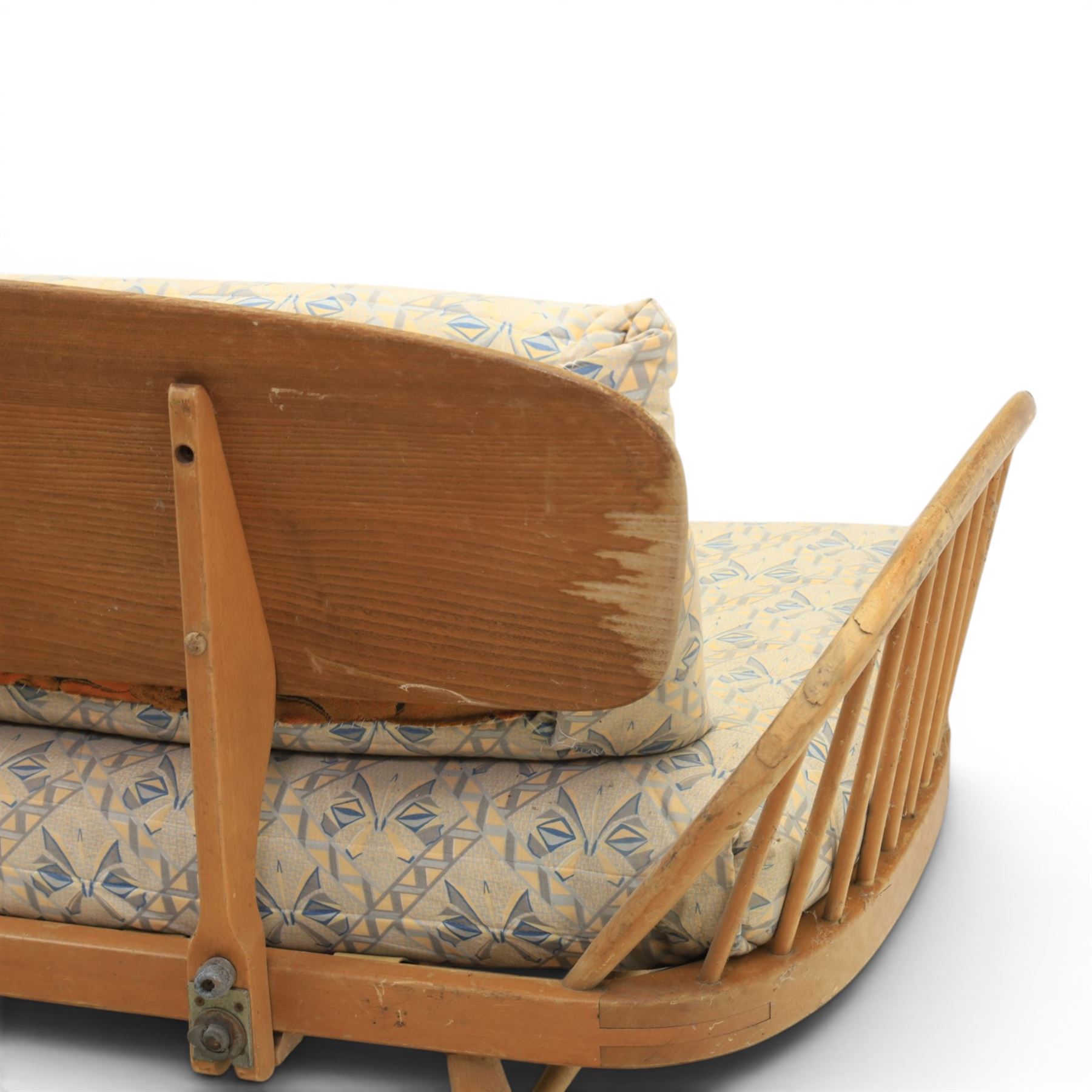 Lucian Ercolani for Ercol - 'Studio Couch' model no. 355, elm and beech framed, with loose geometric cushions