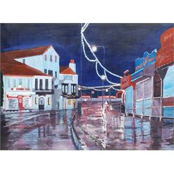 John R Young (British Contemporary): 'Just Before Dawn' Sandside Scarborough, acrylic signed, titled with artist's studio card verso 45cm x 60cm