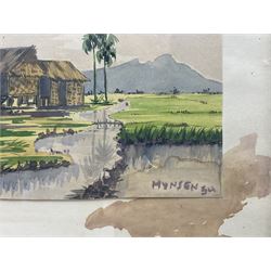 Yong Mun Sen (Malaysian 1896-1962): Coast and River Landscapes, pair watercolours signed and dated '54, 37cm x 22cm (2)