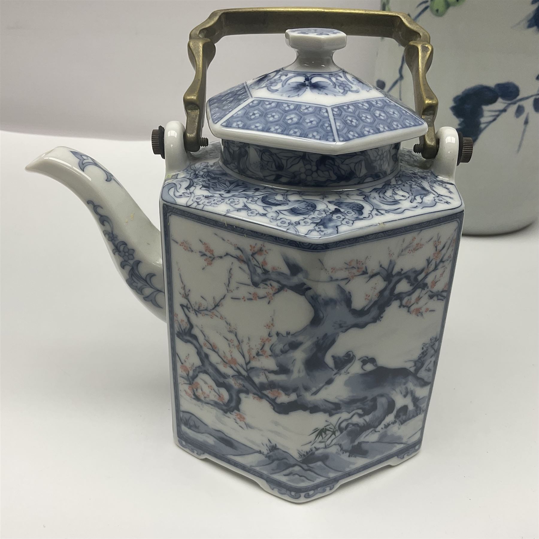 Chinese vase, decorated with vines and grapes and signed beneath, together with Chinese tea set of hexagonal form, comprising teapot and stand and six cups, vase H30cm