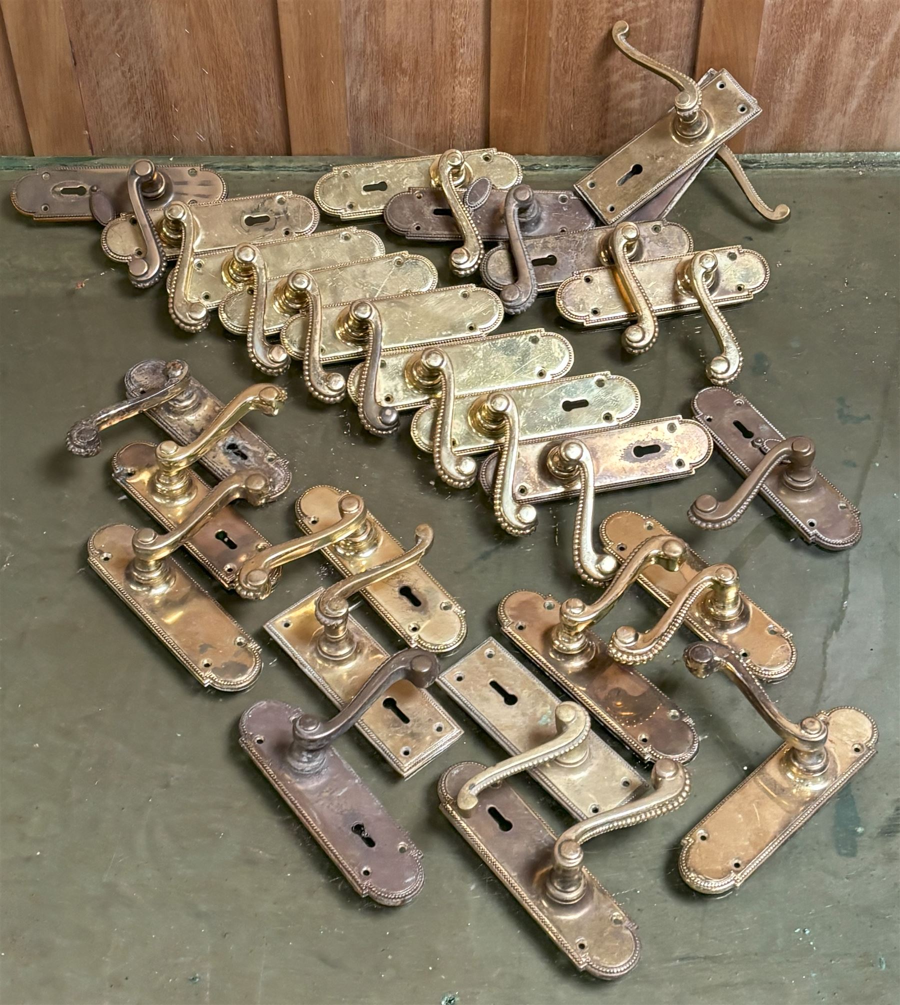 Thirteen pairs of good quality cast brass door handles, H18cm - COLLECTION BY APPOINTMENT FROM: The White House, Thirsk Road, Easingwold, York, YO61 3NF - CALL 01723 507111 TO ARRANGE