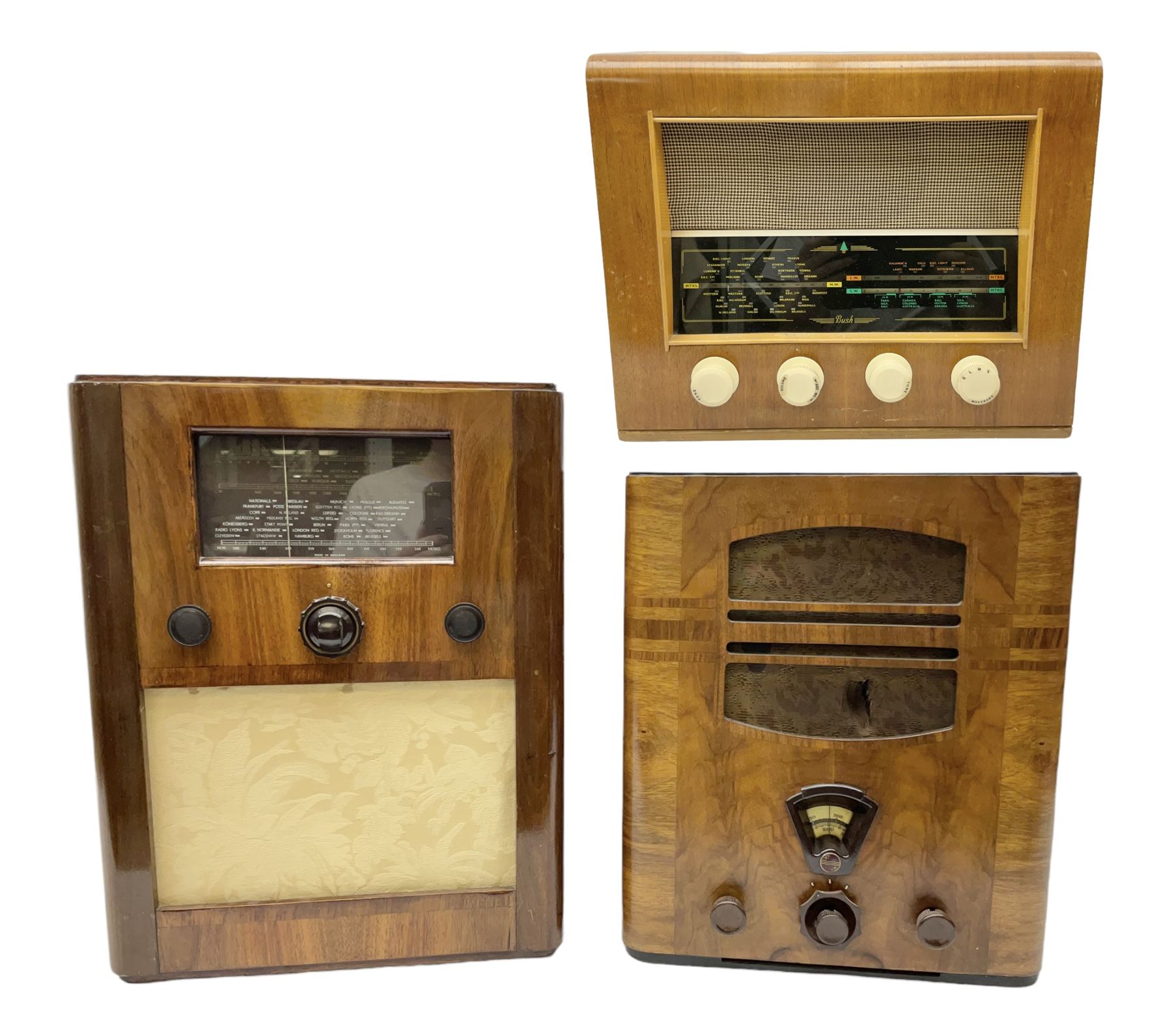 1950s Bush AC41 mahogany cased valve radio, 1930s Philips 588A with walnut veneer case, and 1940s Cossor Model 77, tallest H47cm W36cm D24cm