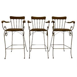 Set three high-back bar stools, wrought metal and hardwood with rattan seats, scrolled metal work decorated
