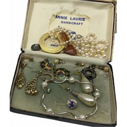 Silver Armada dish, silver mustard pot and two silver teaspoons, all hallmarked, silver amber earrings, stamped 925 and a collection of vintage and later costume jewellery
