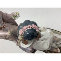 Lladro figure, Springtime in Japan, modelled as two Geisha on a bridge with a crane, sculpted by Salvador Debon, together with four Lladro flowers, Dahlia no 5180, White Camelia no 5181, White Carnation no 5184 and Chrysanthemum no 5189, largest example H32cm