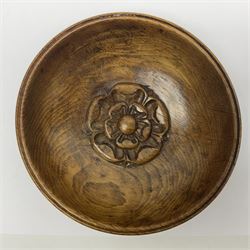 Yorkshire Oak - turned oak bowl, circular form and carved with central Yorkshire Rose motif, moulded rim over raised fillet band