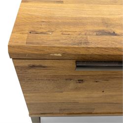 Pair of contemporary media sideboards, oak effect construction with inset handles, comprising two drawers and an open shelf flanked by cupboard doors, on metal supports (2)