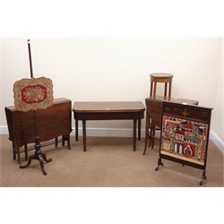  19th century mahogany fold over table, turned supports (W92cm, H56cm, D90cm) two drop leaf tables  an inlaid jardiniere an early 20th century mahogany pole screen (W43cm, H139cm) and an inlaid fire with screen with tapestry detailing (6)  