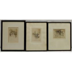 Alexander Cameron (British exh.1921-1929): Coastal Views and Cobblestone Alley, three etchings signed max 11cm x 15cm; Stuart Johnston (British 20th century): Gondoliers Down a Venetian Canal, etching signed and numbered 3, 28cm x 18cm; together with three further etchings by Arthur J Cherry, max 13cm x 9cm (7)