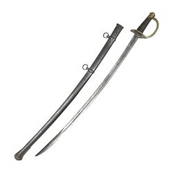 19th century French 1822 Pattern Light Cavalry trooper's sword with 88.5cm slightly curving fullered blade, brass three-bar hilt and wire-bound leather grip; in polished steel scabbard with two suspension rings L110.5cm overall