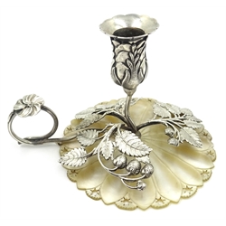  Continental silver (tested) and mother of pearl chamber stick, in the form of a flower H6.5cm  