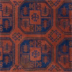 South East Persian Afshar hand-knotted rug, red ground decorated with a geometric design of octagonal medallions and incorporating stylized motifs in tones of indigo and dark brown within geometric borders, with fringe ends  