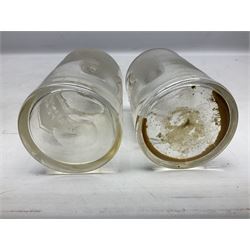 Three Victorian apothecary chemist bottles complete with labels and glass stoppers, H22cm