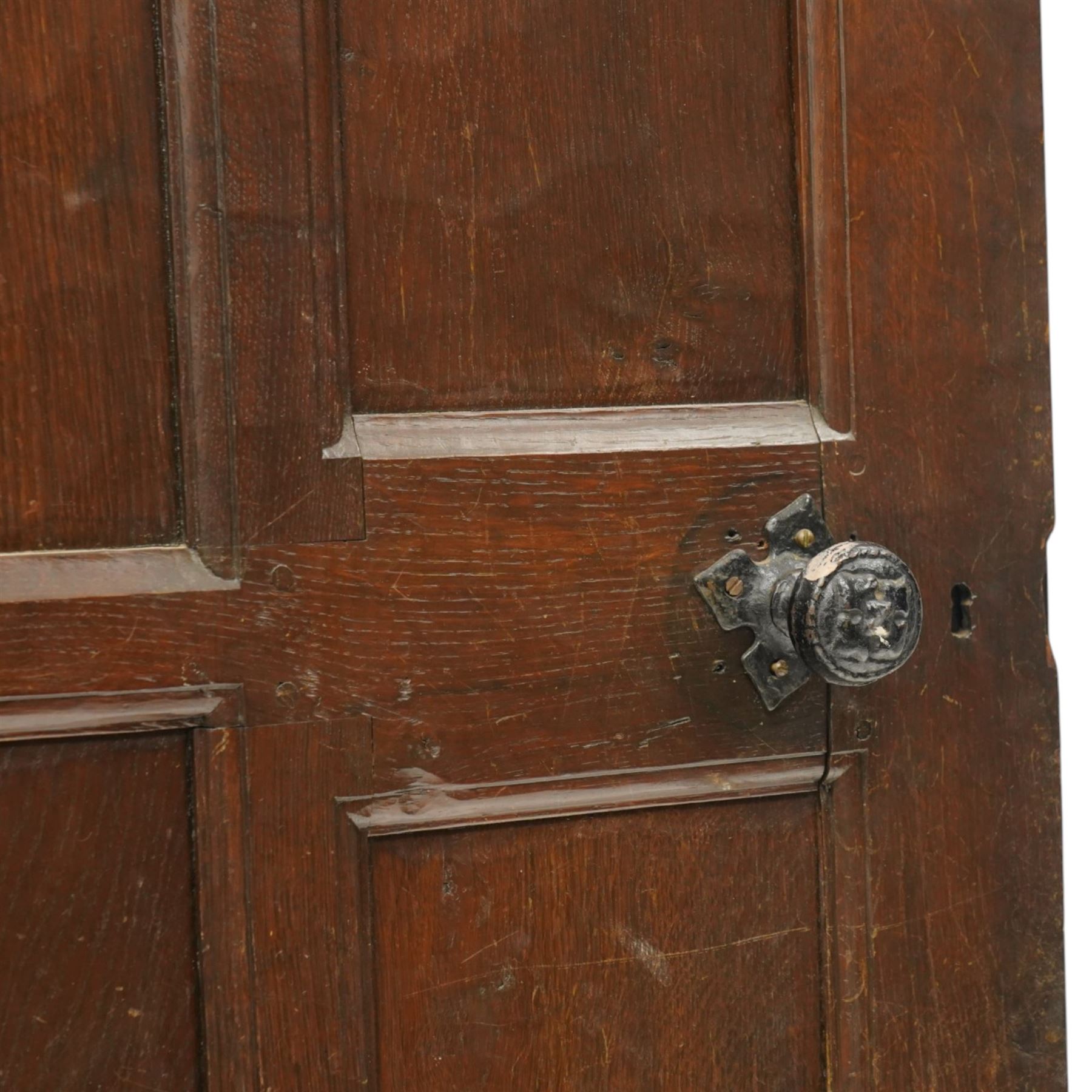 Mouseman - 1940s glazed, panelled and adzed vestibule door with castellated frame, with carved mouse signature, by Robert Thompson of Kilburn