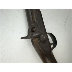 19th century single barrel percussion fire shotgun, muzzle loader, walnut stock with chequered grip and engraved steel fittings, the 84cm (33