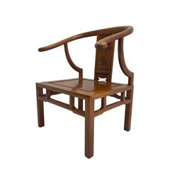 Chinese hardwood horseshoe armchair, the panelled back carved with the Chinese Shou symbol, panelled seat, on square supports