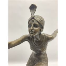 Art Deco style bronze figure of a dancer, upon a marble socle base signed Nick and with foundry mark, H38cm