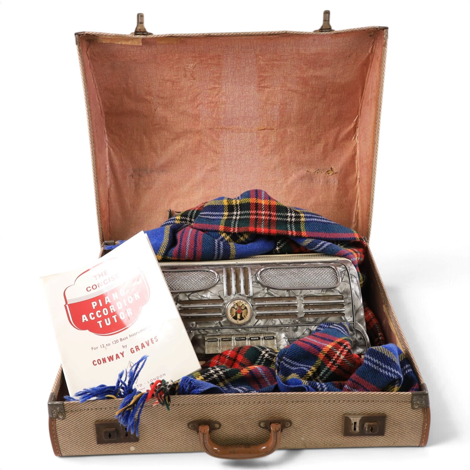 Recanati V Soprani Di Silvio Piano Accordion, 120 bass, with five tone selector keys, silvered pearloid case, with carry case