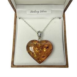 Silver Baltic amber heart pendant necklace, stamped 925, boxed 