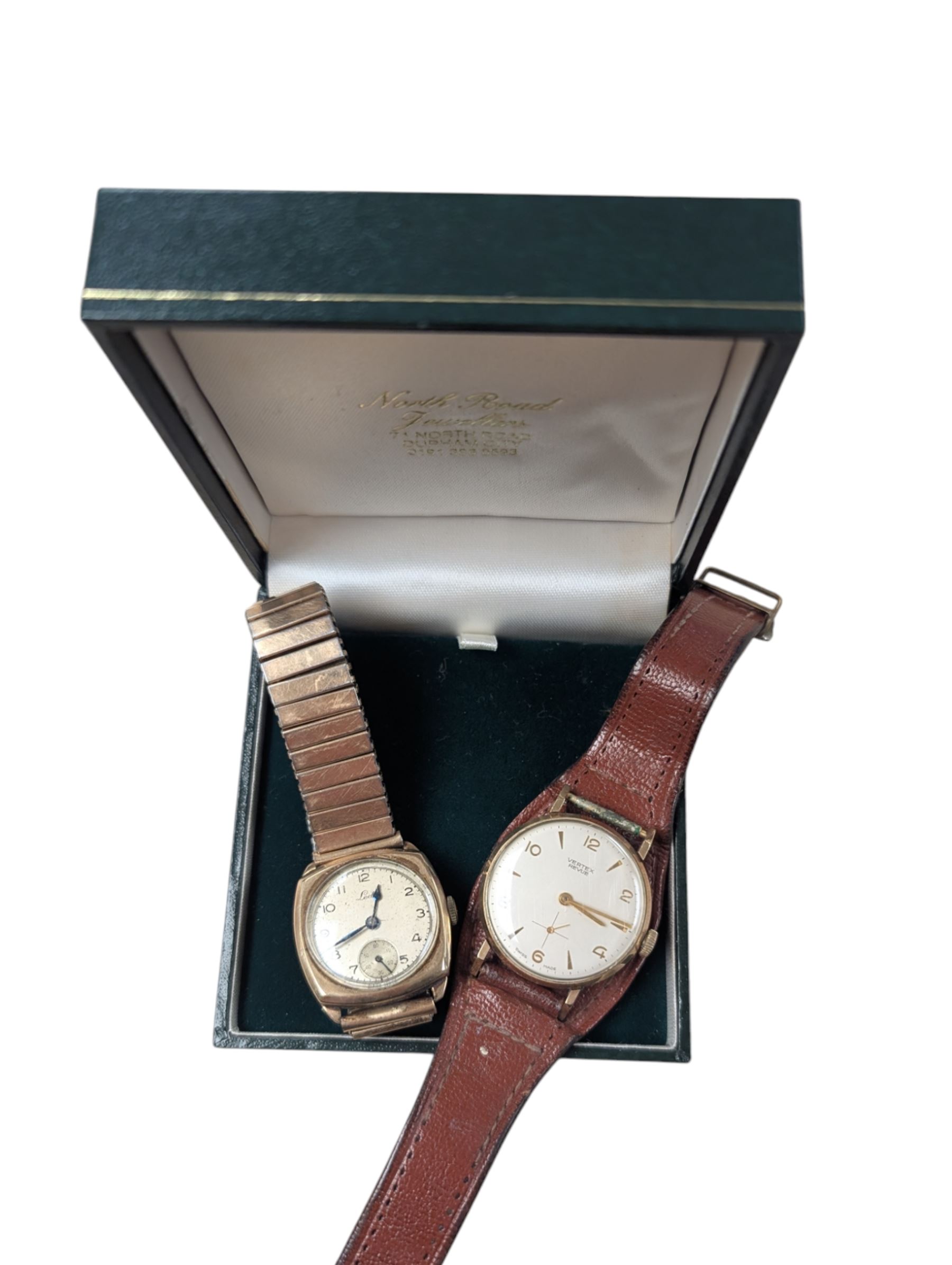 Two 9ct gold cased wristwatches, to include Vertex Revue presentation wristwatch on leather strap and Leda wristwatch on base metal strap