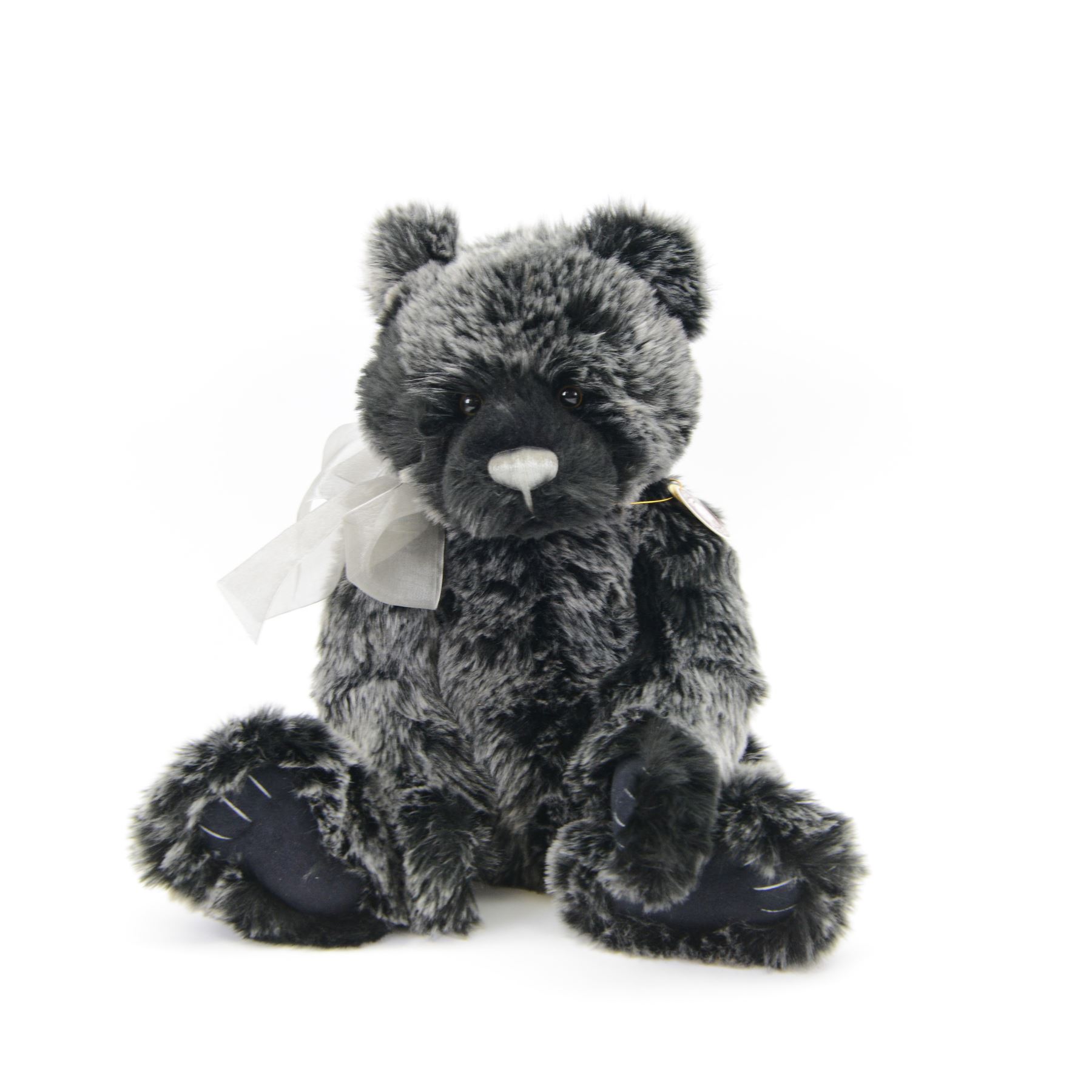 Two Charlie Bears plush jointed teddy bears, to include limited edition 'Porridge', with cream fur and spoon necklace and 'Brooklyn', with black and grey fur and silver bow, both designed by Isabelle Lee, with tags, tallest H51cm