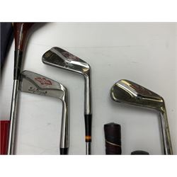 Collection of True Temper golf clubs and others in carry bag