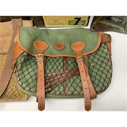Miscellaneous shooting accessories - W.J. Bowman & Sons clay pigeon launcher; two leather cartridge belts; three cartridge bags; two canvas/leather game bags; and two metal/wooden cartridge boxes