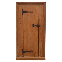  19th century waxed pine wall niche corner cupboard, rectangular moulded front with plank door, corner interior with two shelves, wrought iron strap hinges and latch, W76cm, H150cm, D39cm  