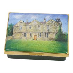 Two Halcyon Days bespoke commissioned enamel pill boxes, painted with 'The Clock House' and 'Polly & Lizzie'