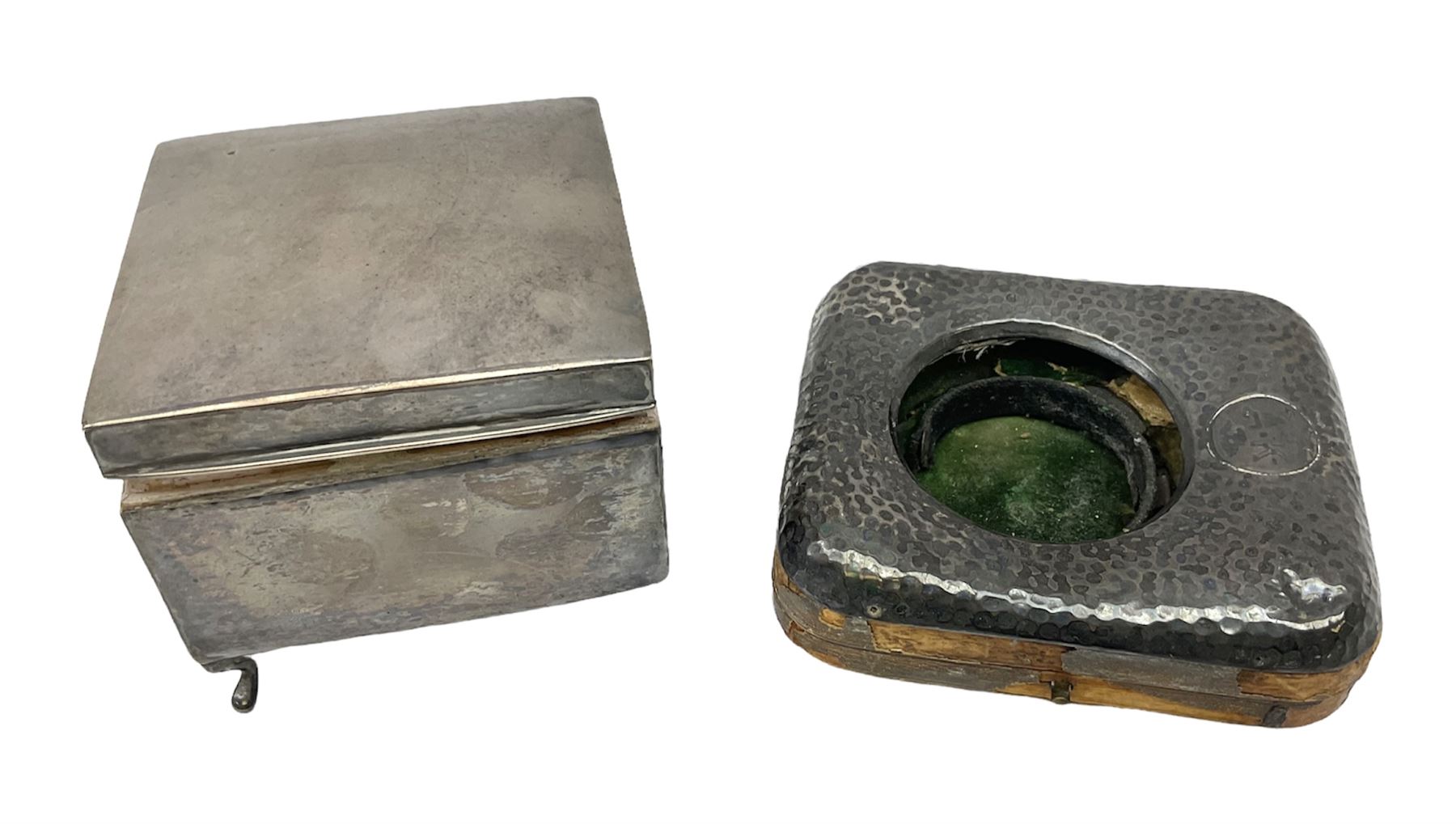 Pocket watch case with hammered silver mounted front, hallmarked Birmingham, together with a silver mounted square box, hallmarked Birmingham 