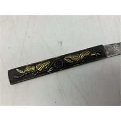 Japanese Tanto with 28.5cm steel blade and cord bound grip; in red spotted black lacquer saya containing a kogai knife with etched characters to the blade and ornate fern leaf and snake handle