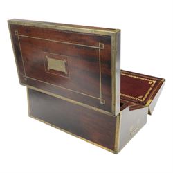 19th century brass bound mahogany writing slope with twin drop carry handles to sides, the hinged cover opening to reveal a  gilt tooled burgundy leather slope and compartmented interior, H22xm W50.5cm D30cm
