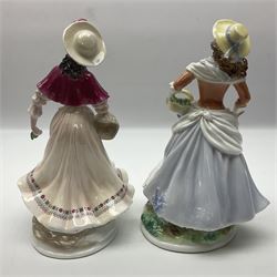 Five Royal Worcester figures, comprising Market Day, Noelle, Bakers Wife, Goose Girl and Fruit Picking, all with printed marks beneath and some with certificates of authentication  
