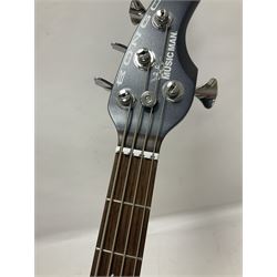 Music Man Bongo 4 string bass guitar, in sapphire black finish, serial no F42547, in black Music Man hard case, guitar L113cm