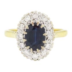 Gold sapphire and diamond cluster ring, single oval sapphire of approx 1.00 carat, surroun...
