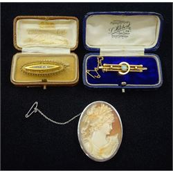 Victorian 15ct gold diamond set brooch Birmingham 1896, 15ct gold opal brooch and a silver cameo brooch, two boxed