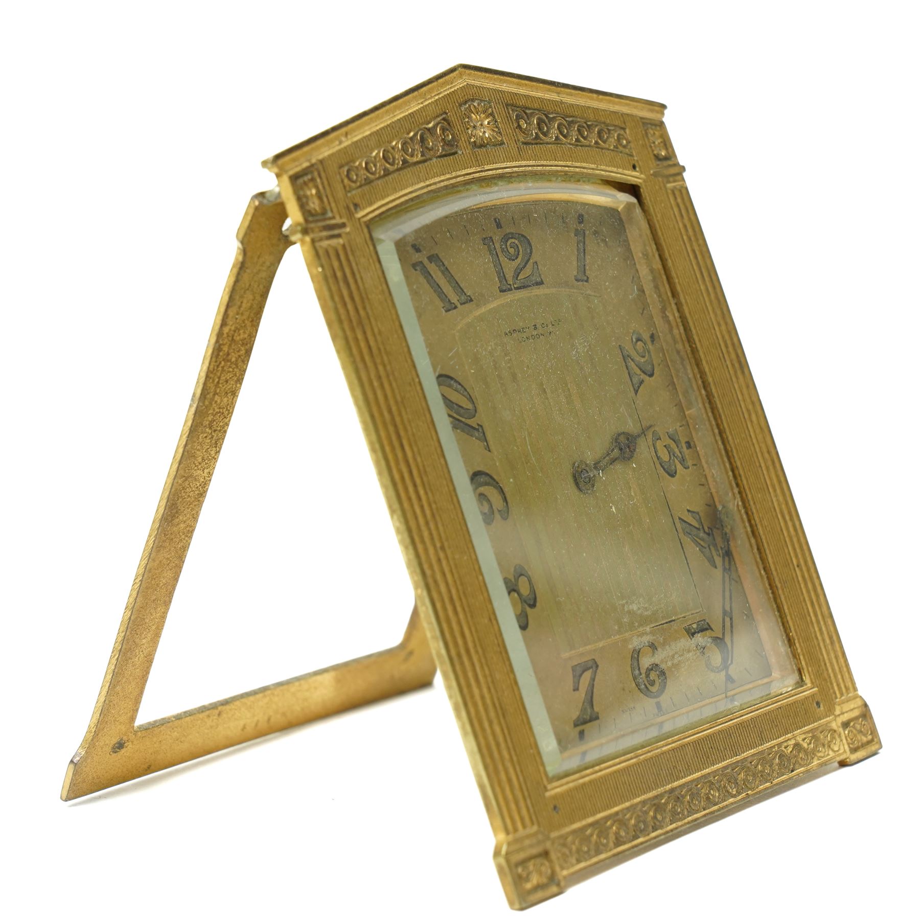Concord & Co - Early 20th century Swiss travelling clock retailed by Asprey & Co, London in neo classical gilt metal case and outer leather travelling case No.2175694, clock size 9cm x 8cm