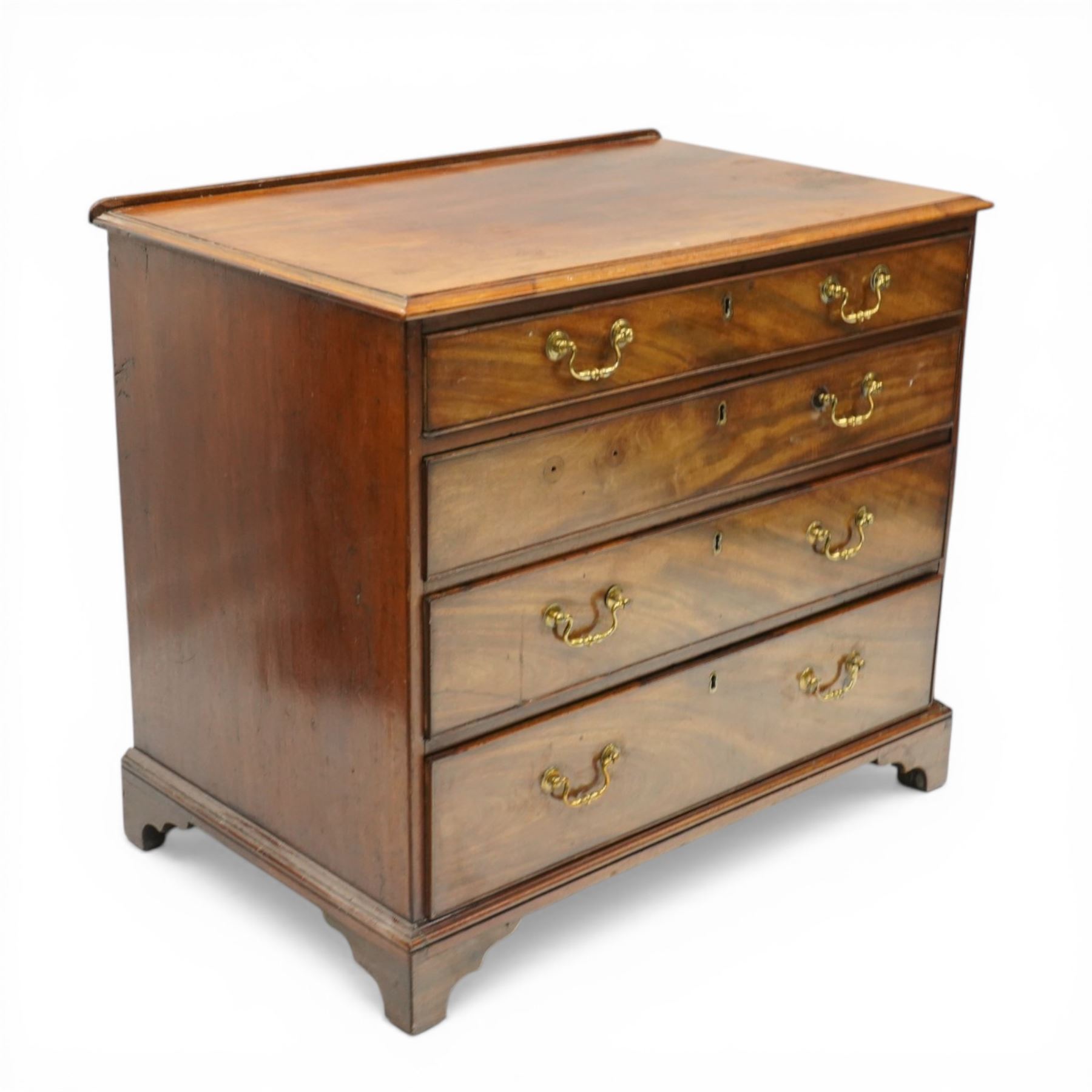 George III mahogany straight-front chest, rectangular top with moulded edge over four long graduating cock-beaded drawers, raised on bracket feet