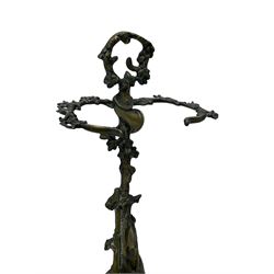 Pair of cast brass hallway umbrella or stick stands, in the form of a tree decorated with trailing flowering foliage branches, the stem with hunting horn over leaning shotgun, shaped naturalist tray base with hunting hound and out splayed foliate cast feet 