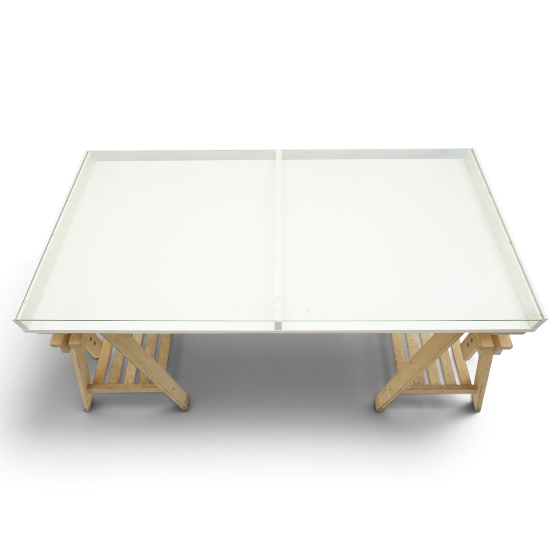 IKEA - Vika Gruvan trestle table, glass and white top raised on beech adjustable supports
