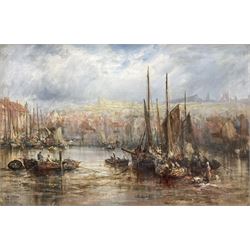 William Edward Webb (British 1862-1903): Fishing Boats in Whitby Harbour, oil on canvas signed 39cm x 60cm