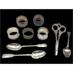 Collection of silver, comprising pair of silver handled grape scissors, stamped Sterling, ...