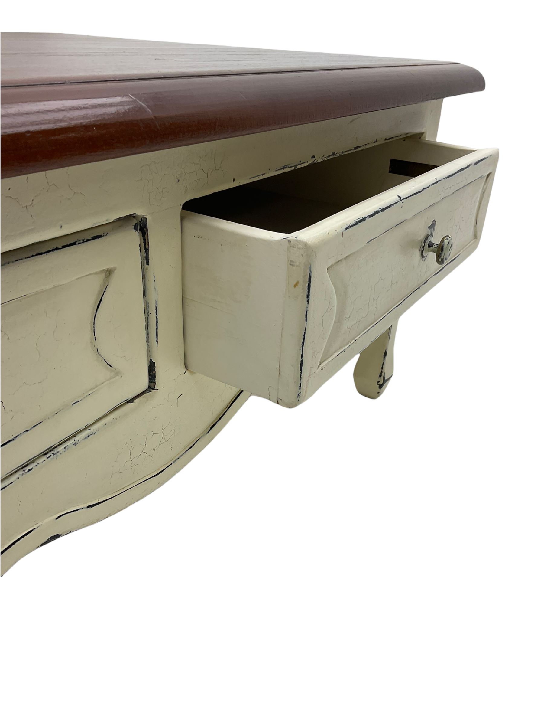 Laura Ashley coffee table, hardwood rectangular top on distressed painted base fitted with two drawers