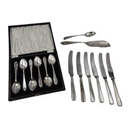 Set of six mid 20th century silver Celtic Point coffee spoons, hallmarked Sheffield 1944, maker's mark SS, in fitted case, together with a set of six silver handled butter knives, hallmarked Viners Ltd, Sheffield 1954, and other silver flatware, etc