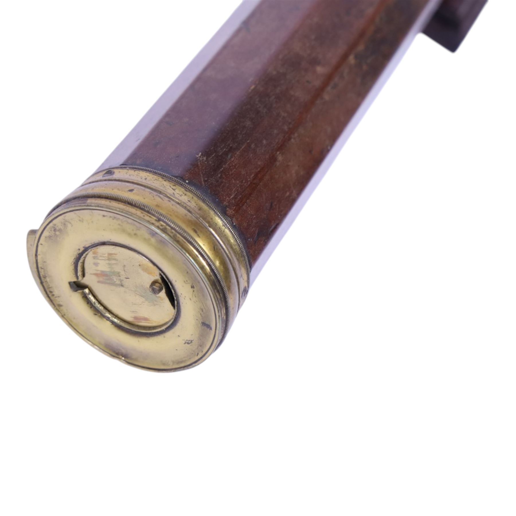 Late 18th century decagonal mahogany telescope, with brass eyepiece and cap, both with brass shutters, unmarked, upon wooden stand