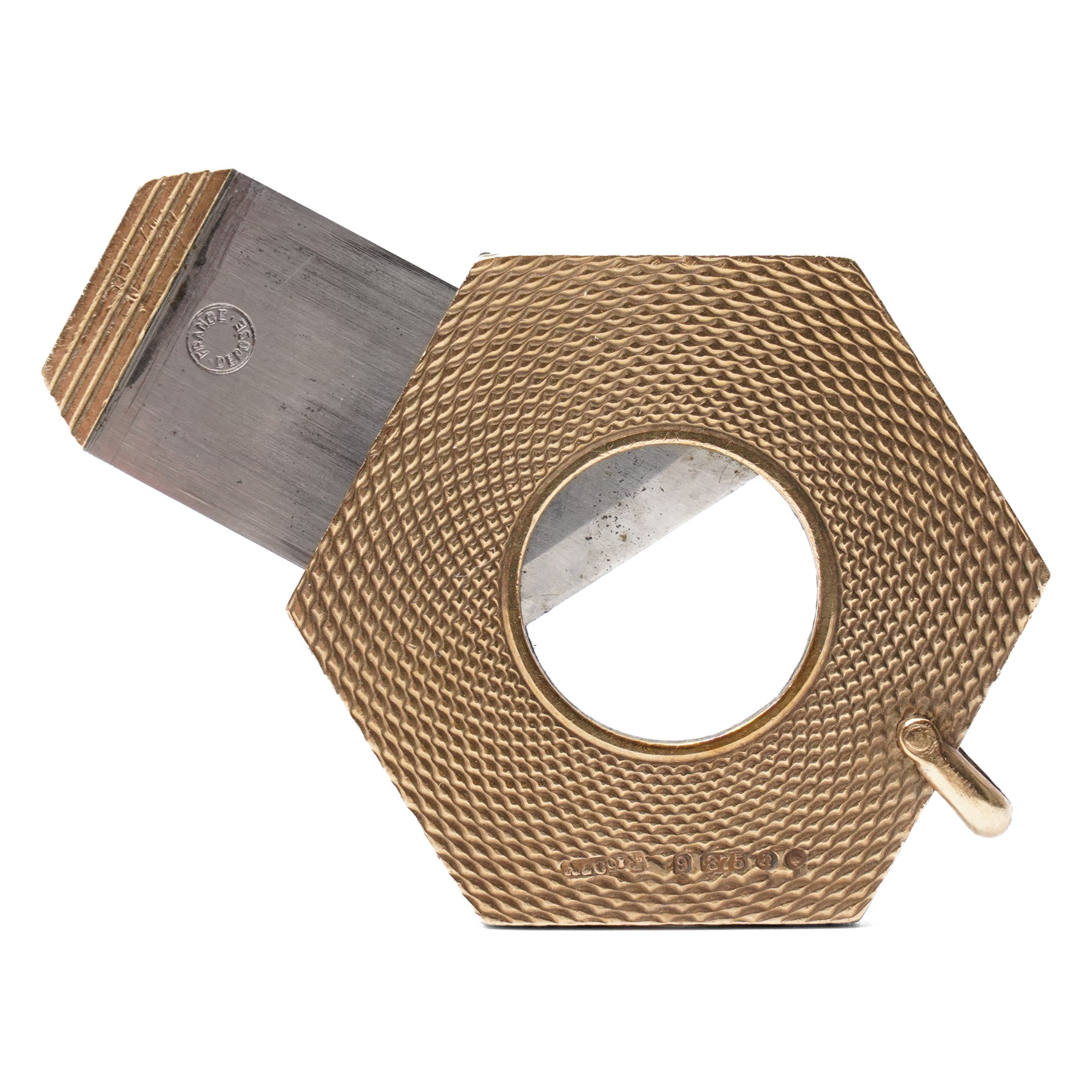 Asprey, 9ct gold hexagonal cigar cutter, hallmarked, with engine turned decoration  