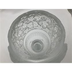 Large and impressive Lalique Versailles pattern glass vase, of classical baluster form with gadrooned flared rim, the body moulded in relief with fruiting vines above part fluting, upon a spreading circular foot with moulded decoration, and plain square plinth base, signed Lalique France to side of plinth, overall H35cm, with original box 