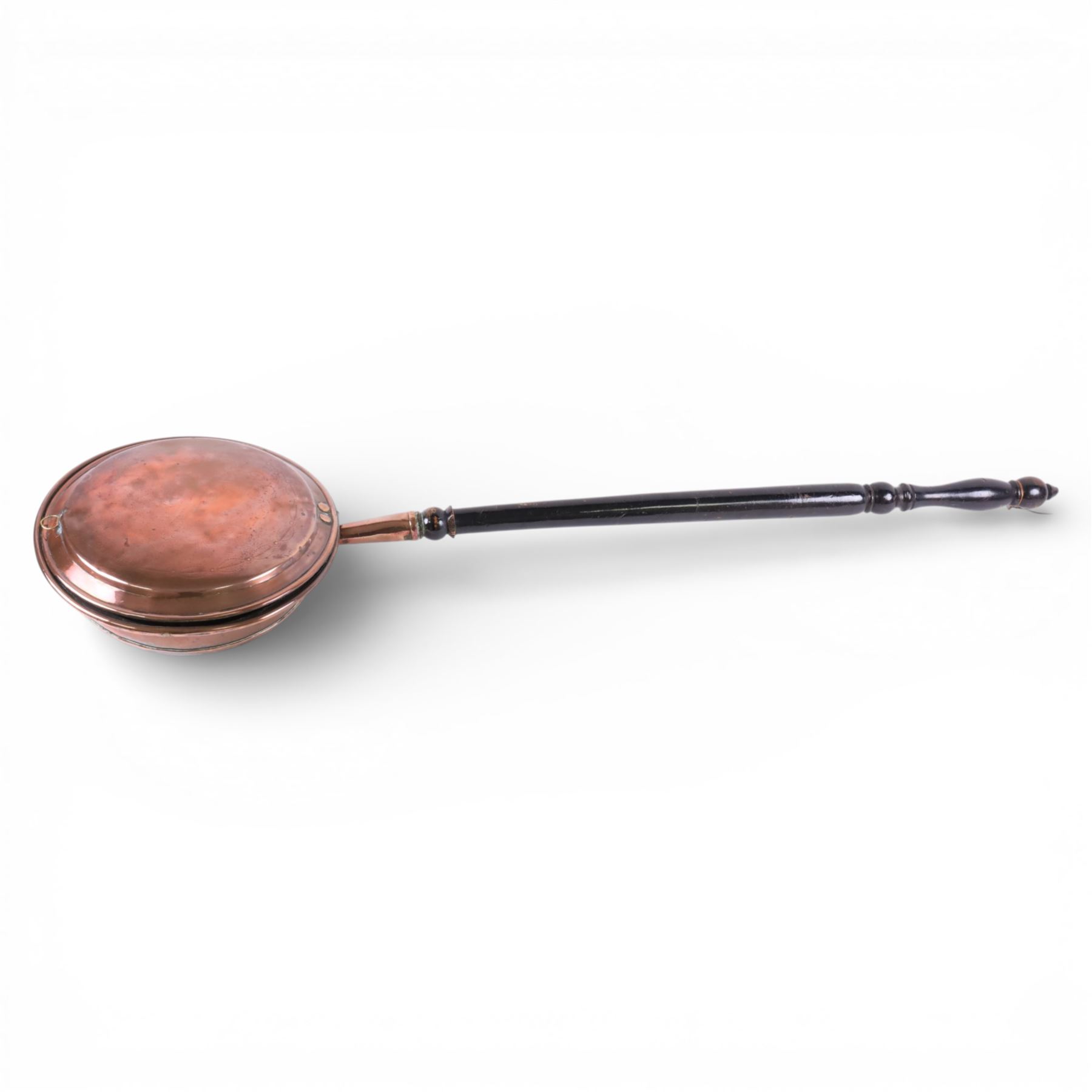 Copper kettle, warming pan and large pedestal bowl