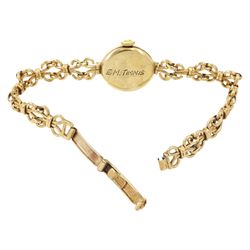 Tudor Royal ladies 9ct gold manual wind wristwatch, silvered dial with baton hour markers, Chester 1960, the back case engraved E.M.Timmis, on integral Rolex 9ct gold fancy link bracelet, hallmarked, boxed